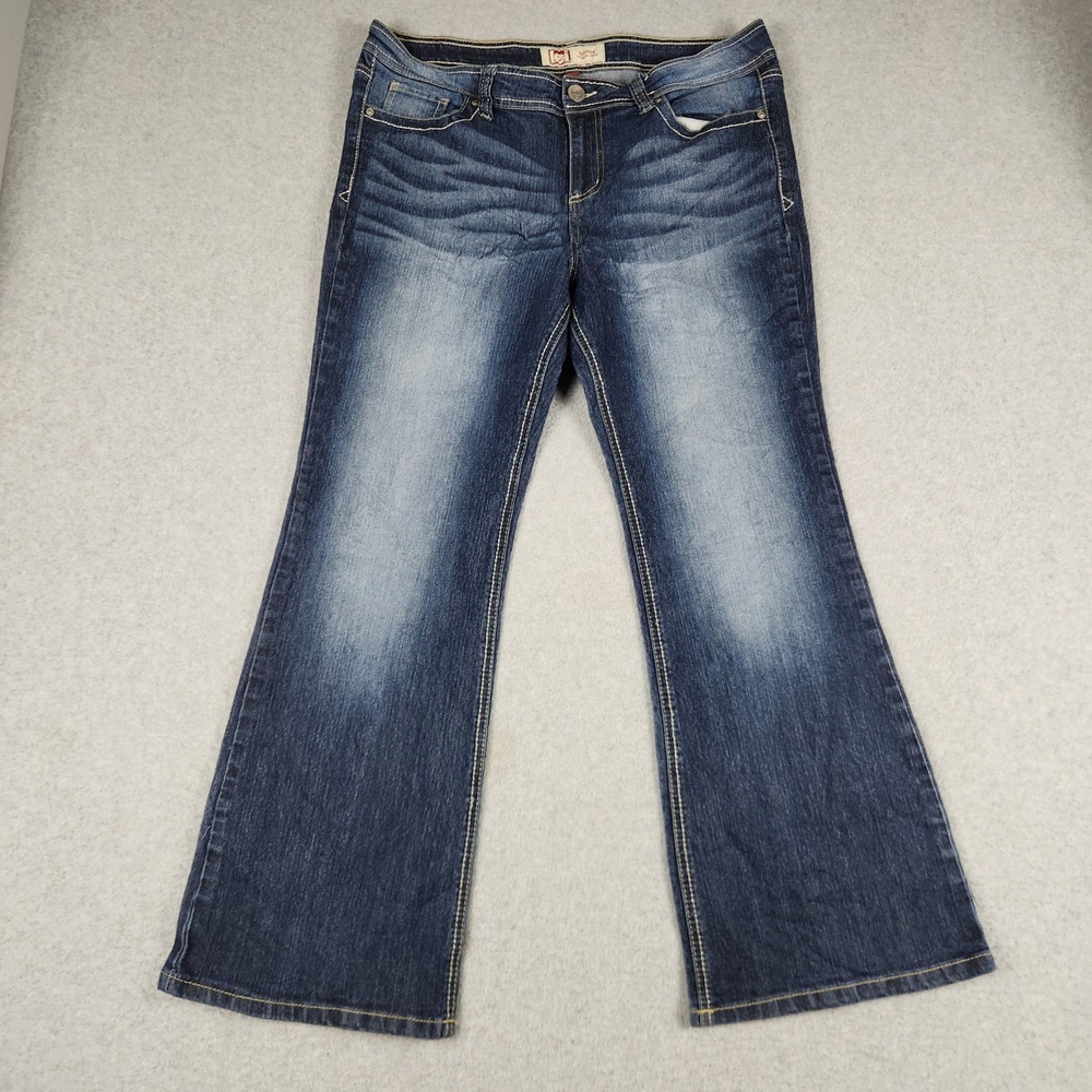 LEI Sophia Hipster Flare Jeans Womens 17 Short Blue Denim Whiskered Streetwear